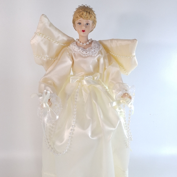Vintage Porcelain Fabric Angel Tree Topper Holiday Christmas Decoration - Picture 2 of 9